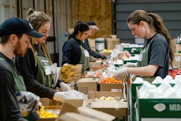 volunteers-wearing-gloves-packing-food-cardboard-boxes Poeple volenteering in a food bank